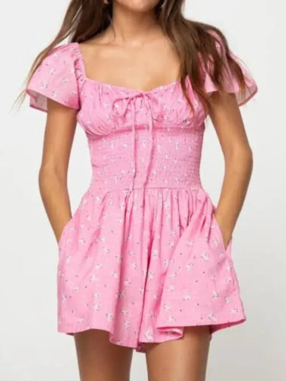 Princess Polly Front Row Cotton Pink Floral Romper Size 6 8689